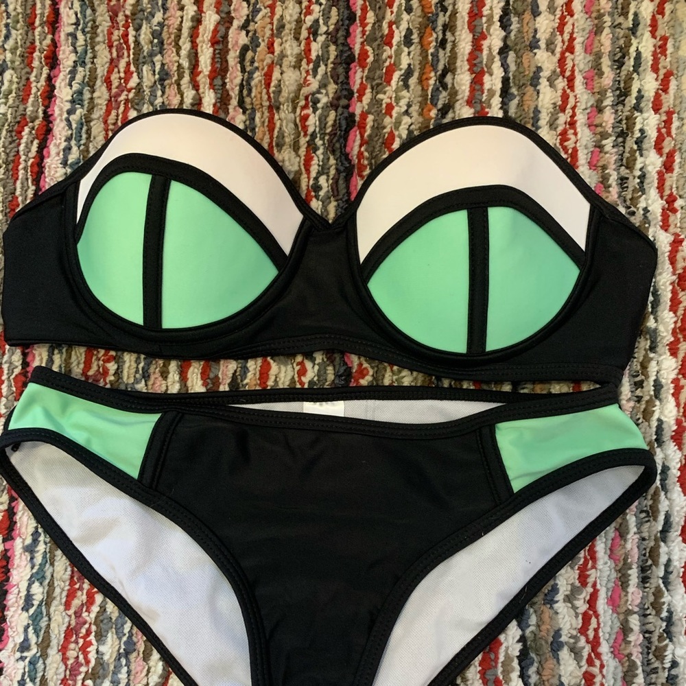 Mint, Black, & white bathing suit top